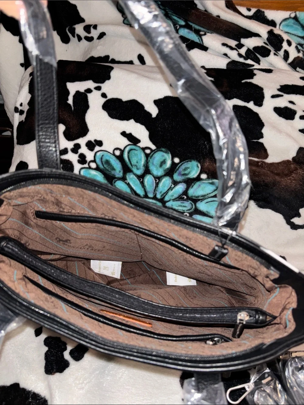 Montana West Black & White Cowhide Tote with Turquoise Accents - Picture 4 of 4